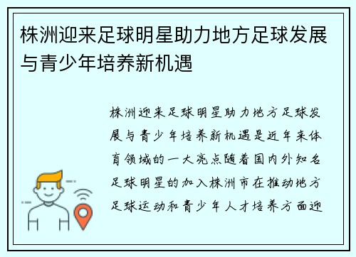 株洲迎来足球明星助力地方足球发展与青少年培养新机遇